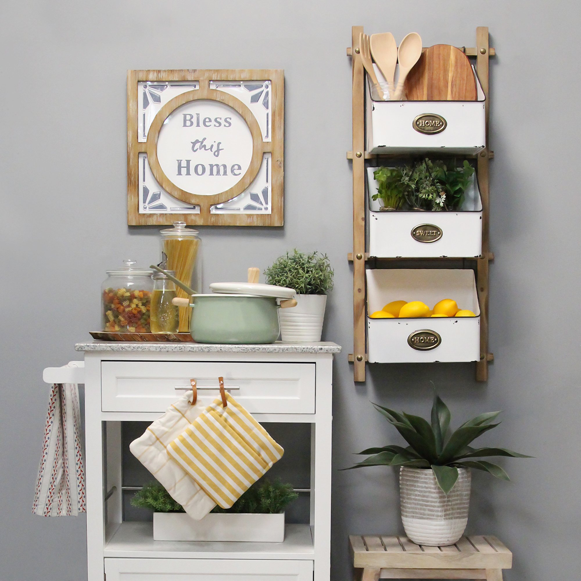 Three-tiered antique gold baskets made of wood and metal, featuring the quote 'Home Sweet Home' on each basket, designed for wall hanging.