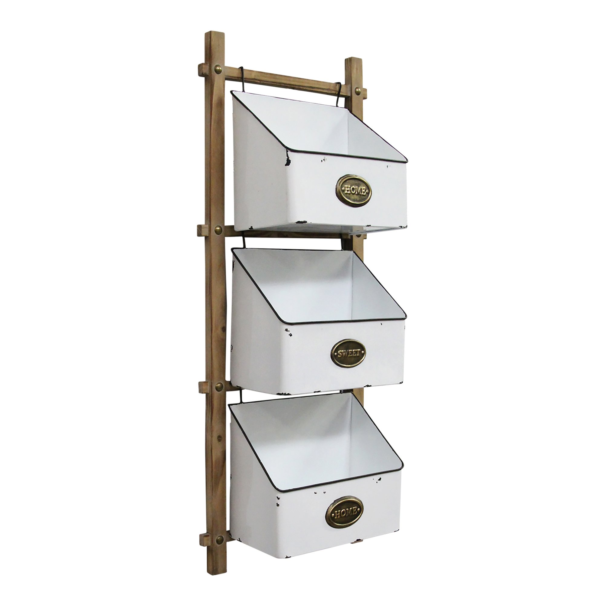 Three-tiered antique gold baskets made of wood and metal, featuring the quote 'Home Sweet Home' on each basket, designed for wall hanging.