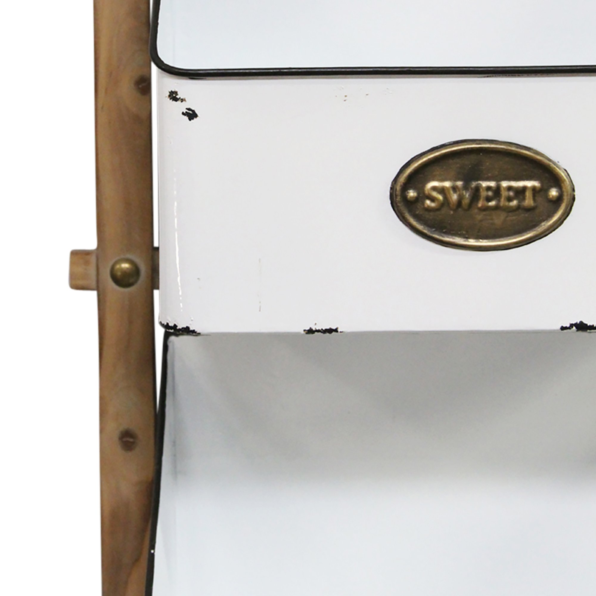 Three-tiered antique gold baskets made of wood and metal, featuring the quote 'Home Sweet Home' on each basket, designed for wall hanging.