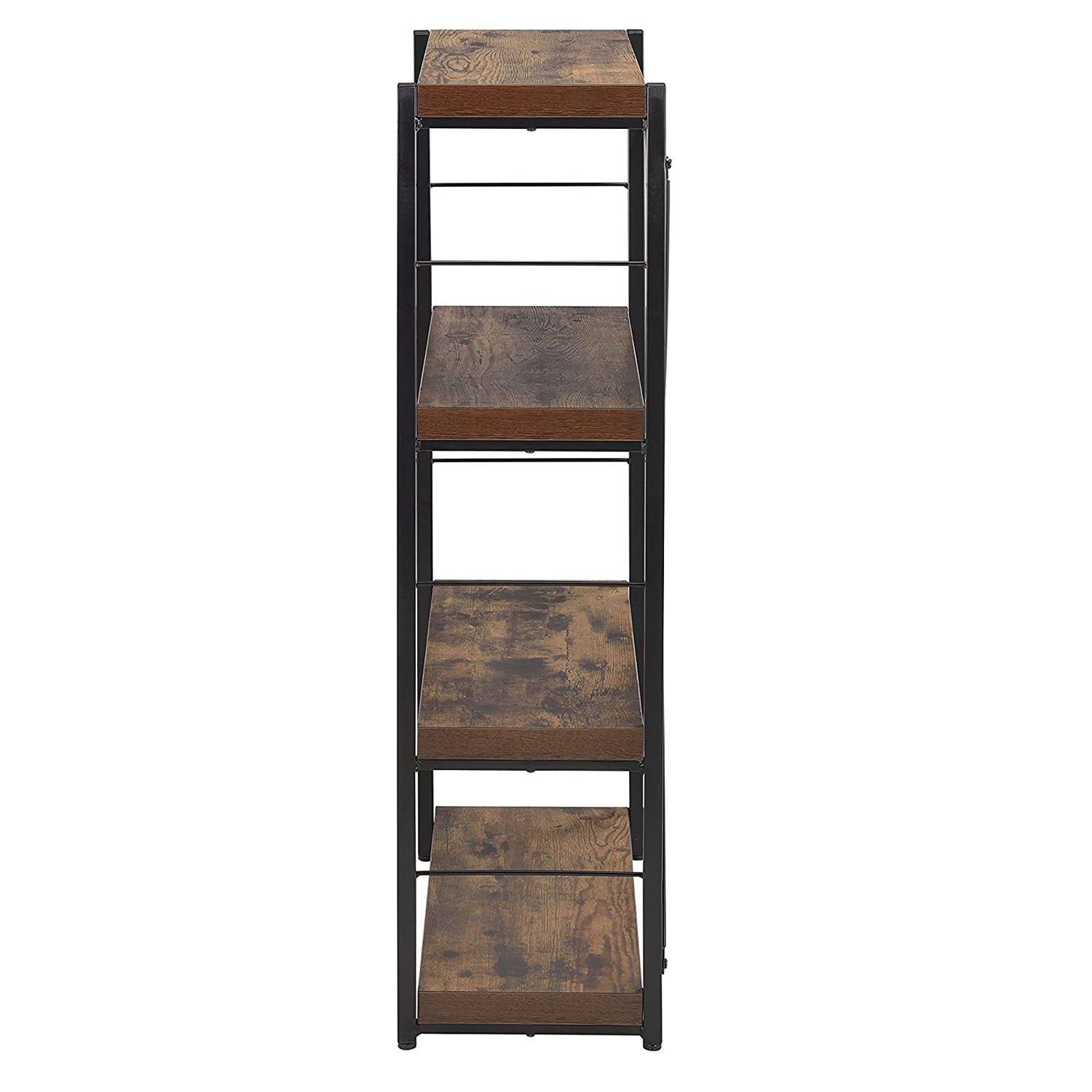 Industrial Rustic Dark Weathered Oak Finish Bookcase with four fixed shelves and black metal frame, showcasing a stylish and functional design.