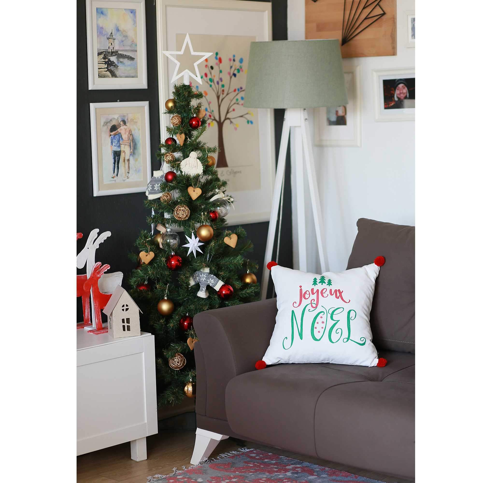 Joyeux Noel Square Printed Decorative Throw Pillow Cover with vibrant Christmas design and red pompoms, showcasing luxurious brushed fabric.