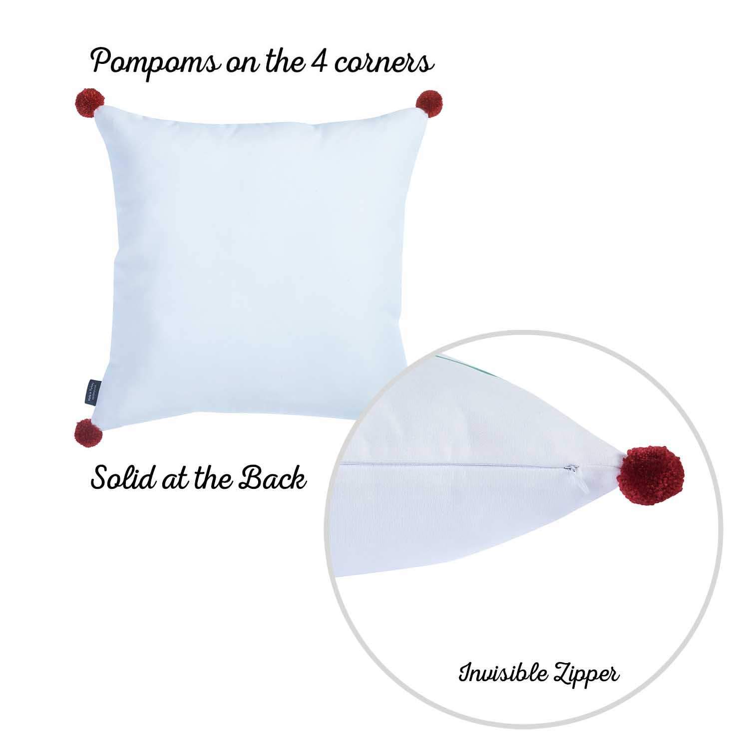 Joyeux Noel Square Printed Decorative Throw Pillow Cover with vibrant Christmas design and red pompoms, showcasing luxurious brushed fabric.