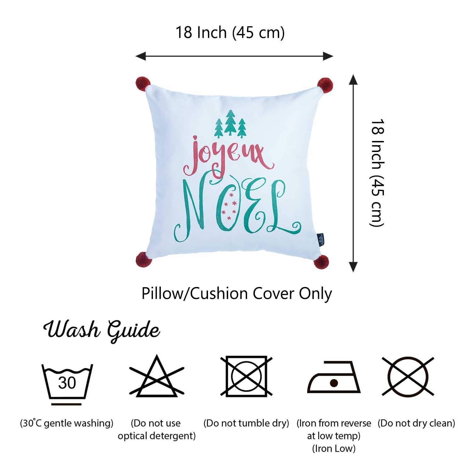 Joyeux Noel Square Printed Decorative Throw Pillow Cover with vibrant Christmas design and red pompoms, showcasing luxurious brushed fabric.