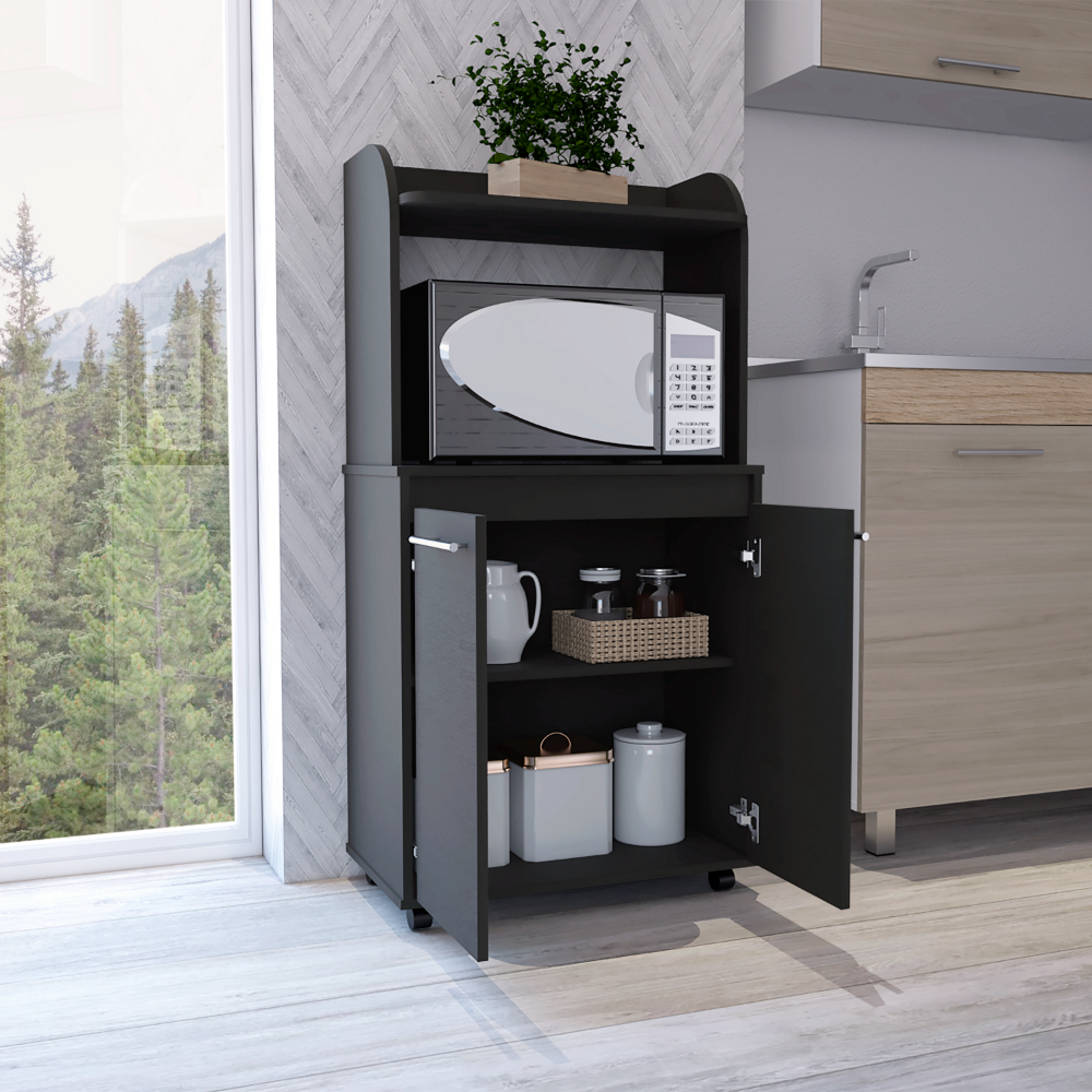Totti Kitchen Cart featuring a black wengue finish, double door cabinet, open shelf for microwave, and four caster wheels for easy mobility.