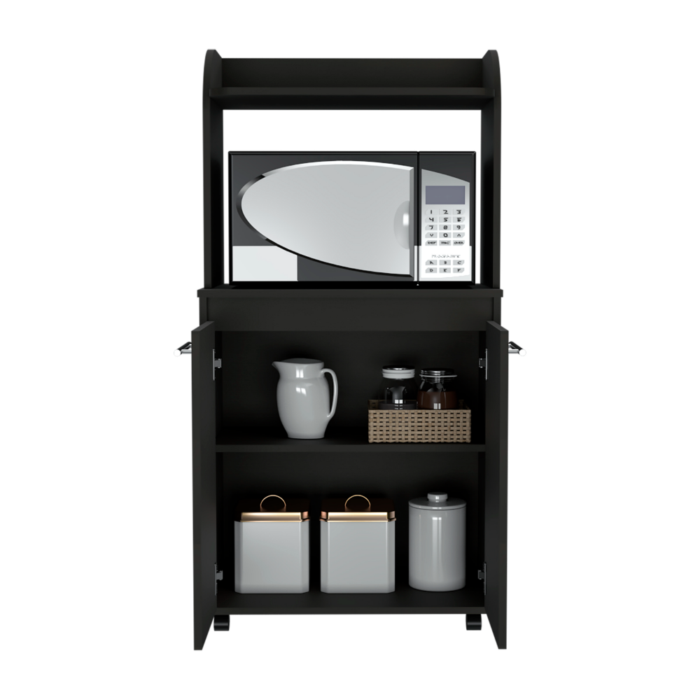 Totti Kitchen Cart featuring a black wengue finish, double door cabinet, open shelf for microwave, and four caster wheels for easy mobility.