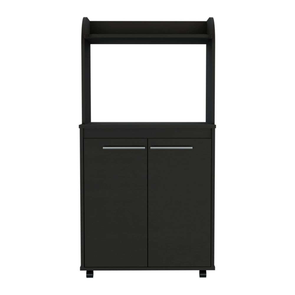 Totti Kitchen Cart featuring a black wengue finish, double door cabinet, open shelf for microwave, and four caster wheels for easy mobility.