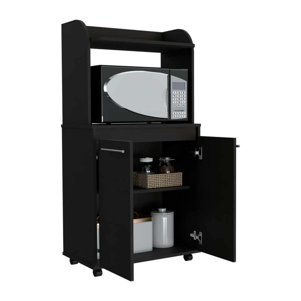 Totti Kitchen Cart featuring a black wengue finish, double door cabinet, open shelf for microwave, and four caster wheels for easy mobility.