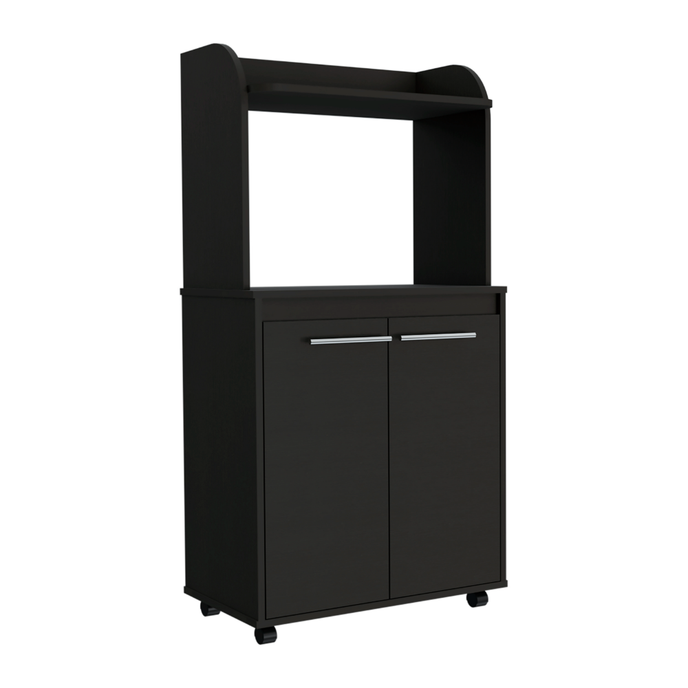 Totti Kitchen Cart featuring a black wengue finish, double door cabinet, open shelf for microwave, and four caster wheels for easy mobility.