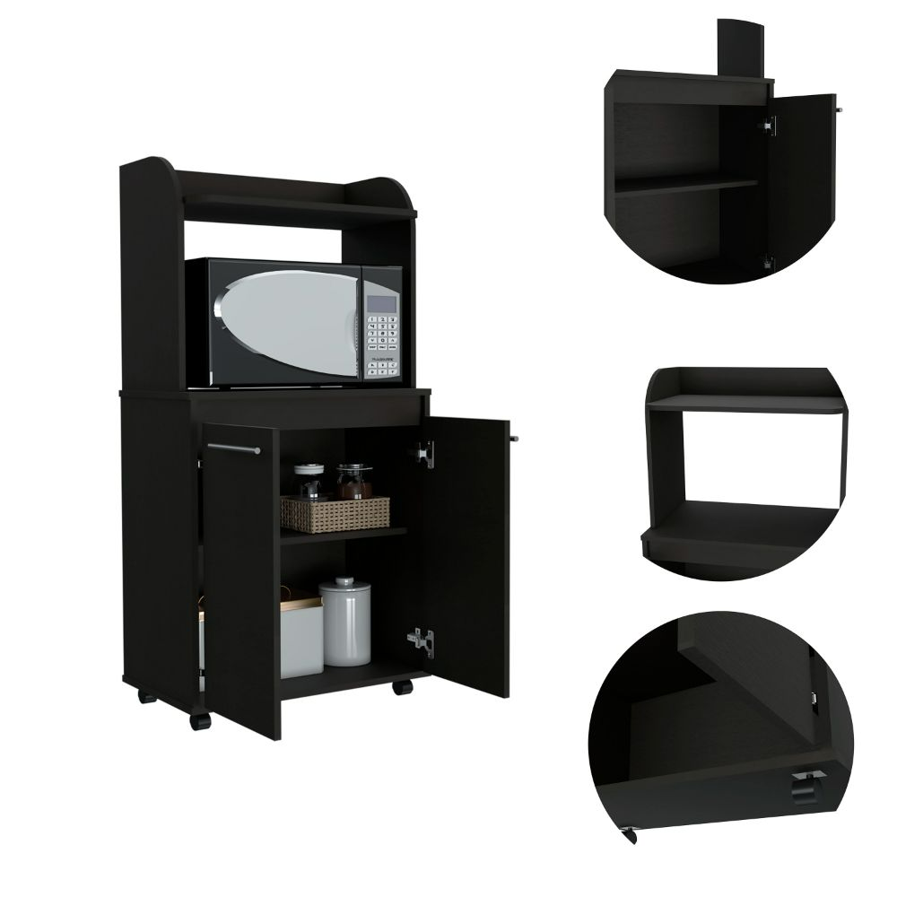 Totti Kitchen Cart featuring a black wengue finish, double door cabinet, open shelf for microwave, and four caster wheels for easy mobility.
