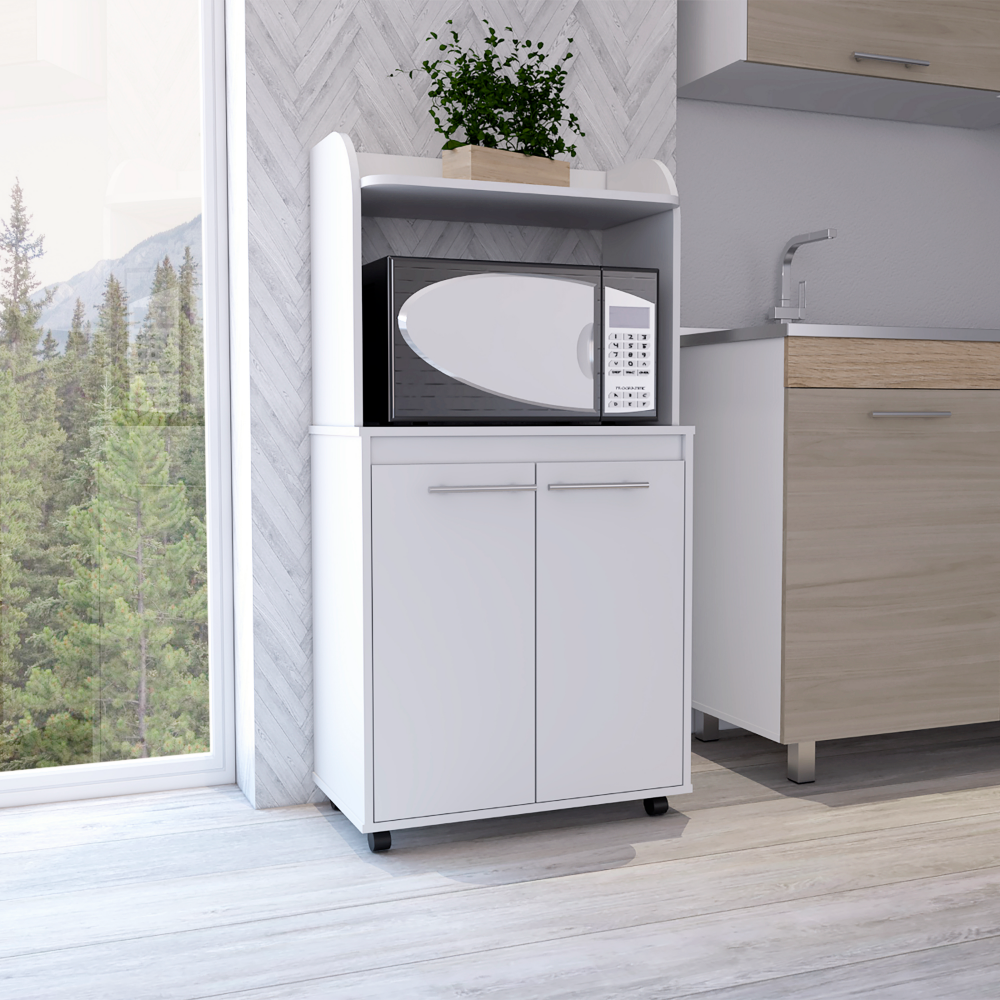 Totti Kitchen Cart featuring a double door cabinet, open shelf, and a sleek snow white finish, designed for convenience and mobility in the kitchen.