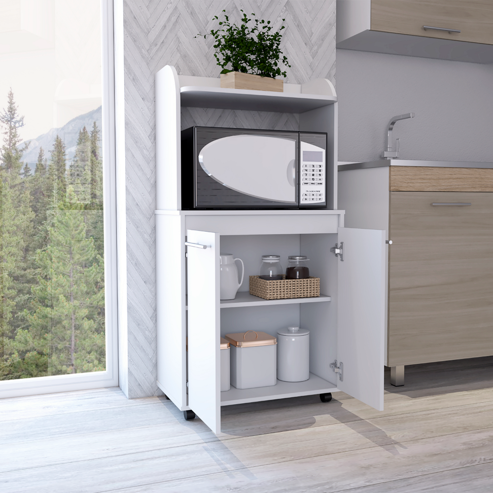Totti Kitchen Cart featuring a double door cabinet, open shelf, and a sleek snow white finish, designed for convenience and mobility in the kitchen.