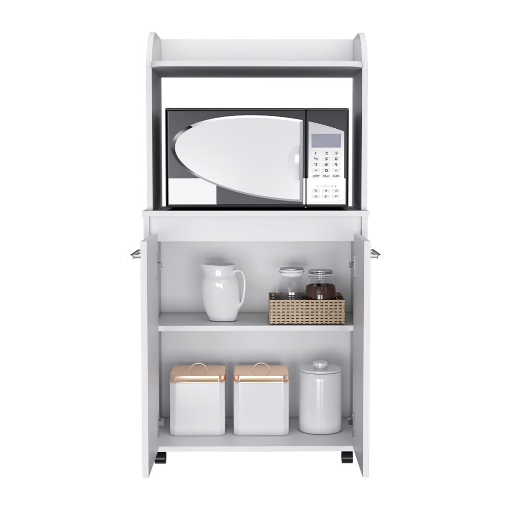 Totti Kitchen Cart featuring a double door cabinet, open shelf, and a sleek snow white finish, designed for convenience and mobility in the kitchen.
