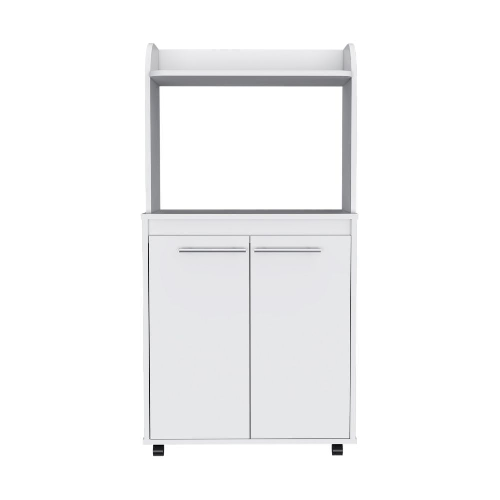 Totti Kitchen Cart featuring a double door cabinet, open shelf, and a sleek snow white finish, designed for convenience and mobility in the kitchen.