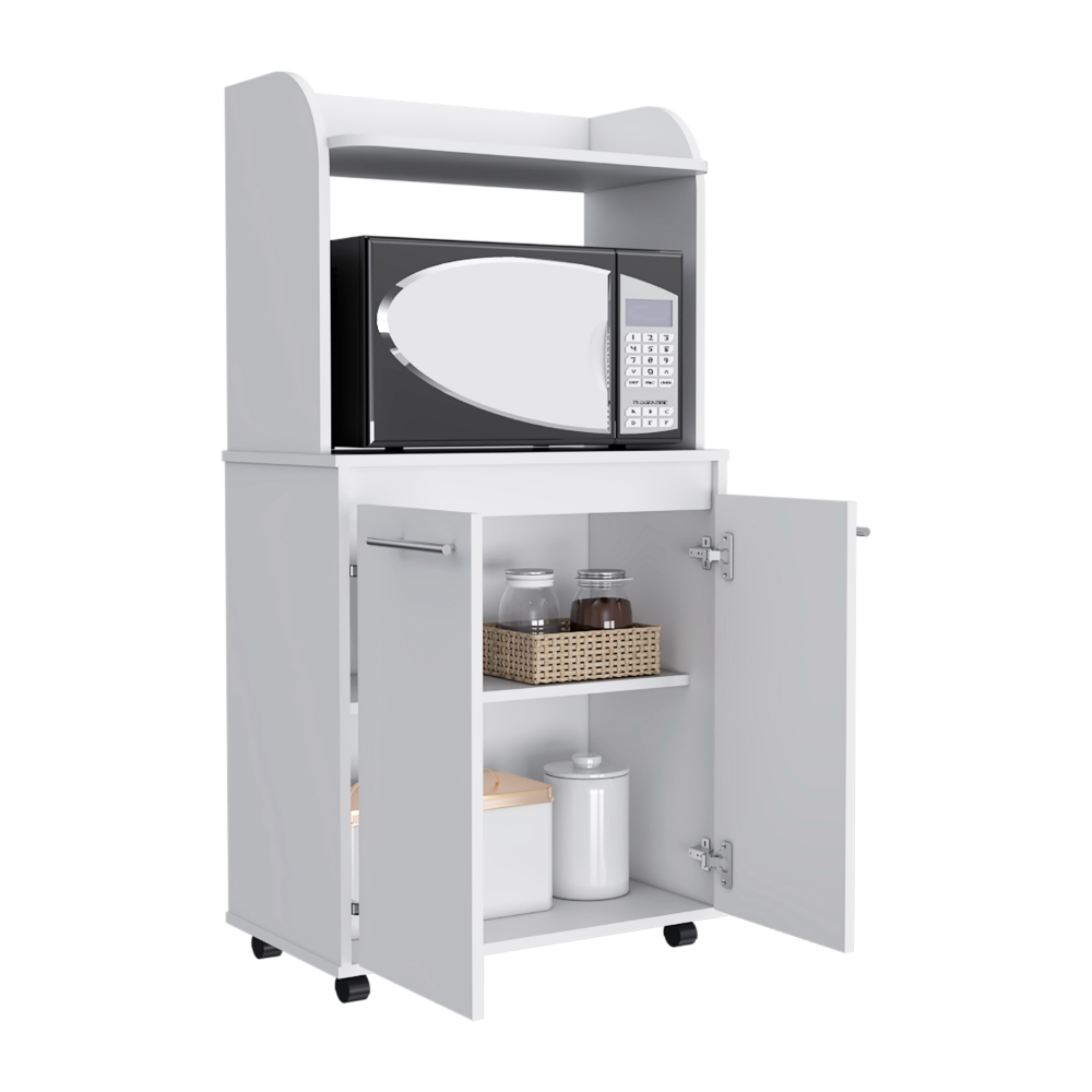 Totti Kitchen Cart featuring a double door cabinet, open shelf, and a sleek snow white finish, designed for convenience and mobility in the kitchen.