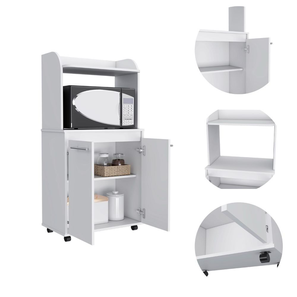 Totti Kitchen Cart featuring a double door cabinet, open shelf, and a sleek snow white finish, designed for convenience and mobility in the kitchen.