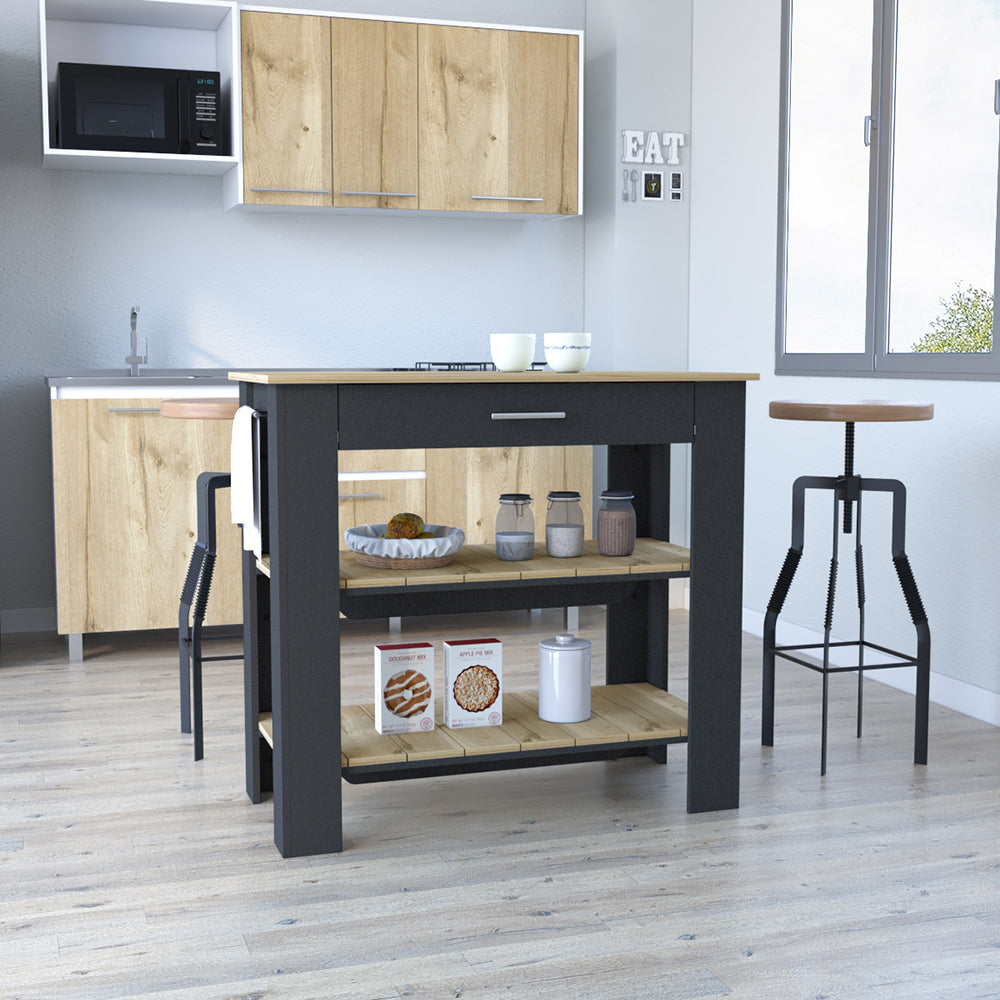Dozza Kitchen Island featuring a large tabletop and two shelves in Black Wengue and Light Oak finish, ideal for kitchen storage and workspace.