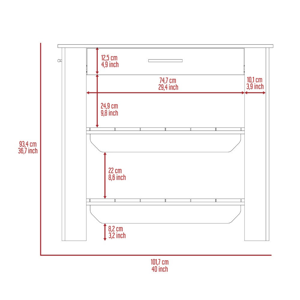 Dozza Kitchen Island featuring a large tabletop and two shelves in Black Wengue and Light Oak finish, ideal for kitchen storage and workspace.