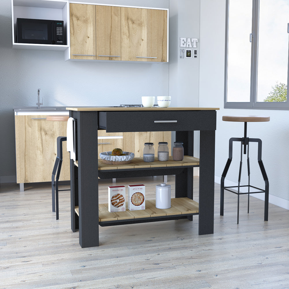 Dozza Kitchen Island featuring a large tabletop and two shelves in Black Wengue and Light Oak finish, ideal for kitchen storage and workspace.