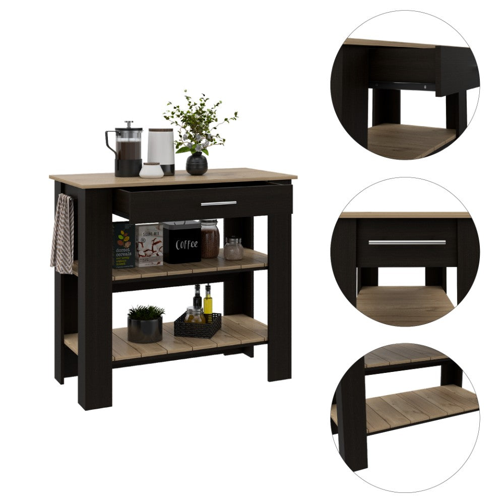 Dozza Kitchen Island featuring a large tabletop and two shelves in Black Wengue and Light Oak finish, ideal for kitchen storage and workspace.