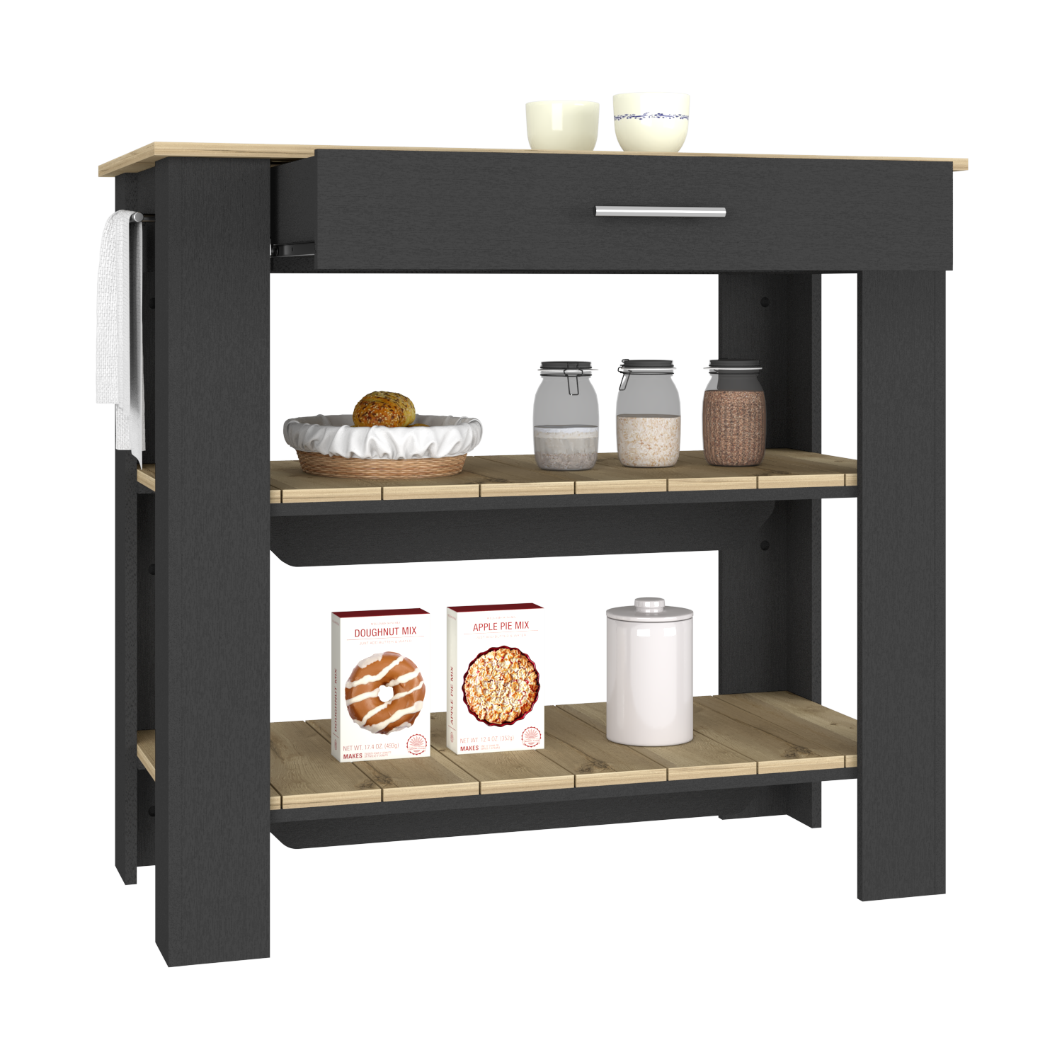 Dozza Kitchen Island featuring a large tabletop and two shelves in Black Wengue and Light Oak finish, ideal for kitchen storage and workspace.