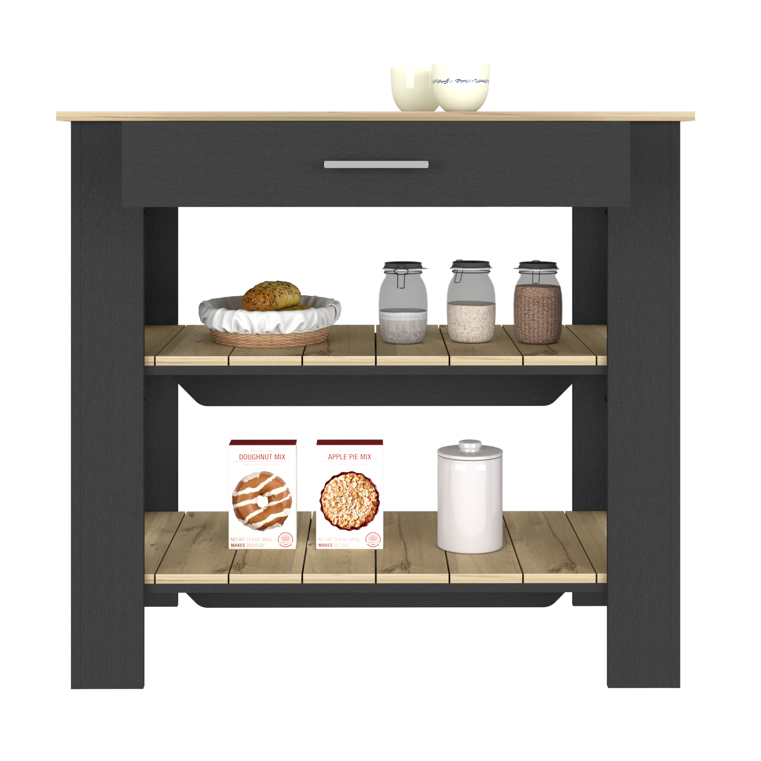 Dozza Kitchen Island featuring a large tabletop and two shelves in Black Wengue and Light Oak finish, ideal for kitchen storage and workspace.