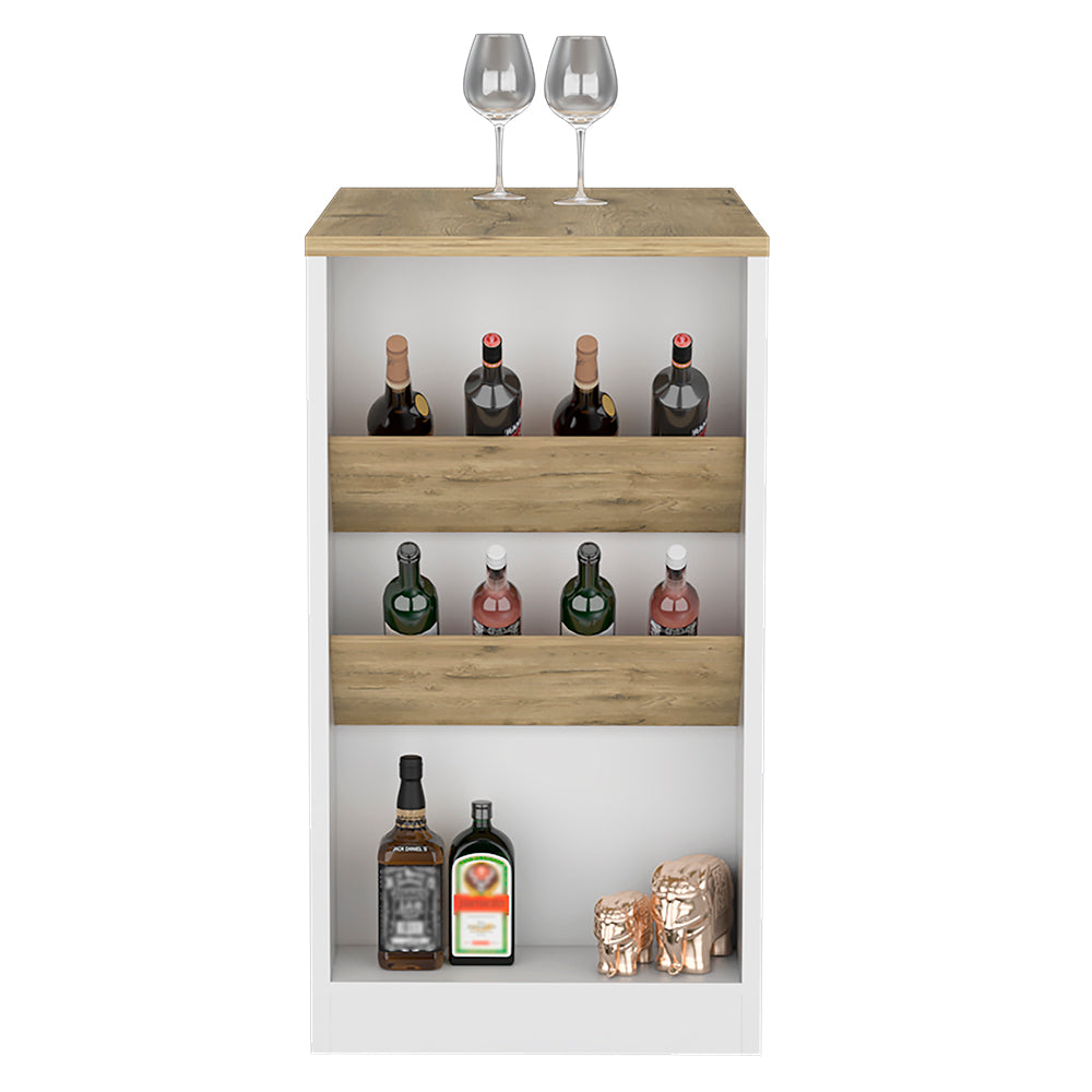 Kitchen Island Gunees featuring a modern design with white and pine finish, showcasing three open shelves for storage.