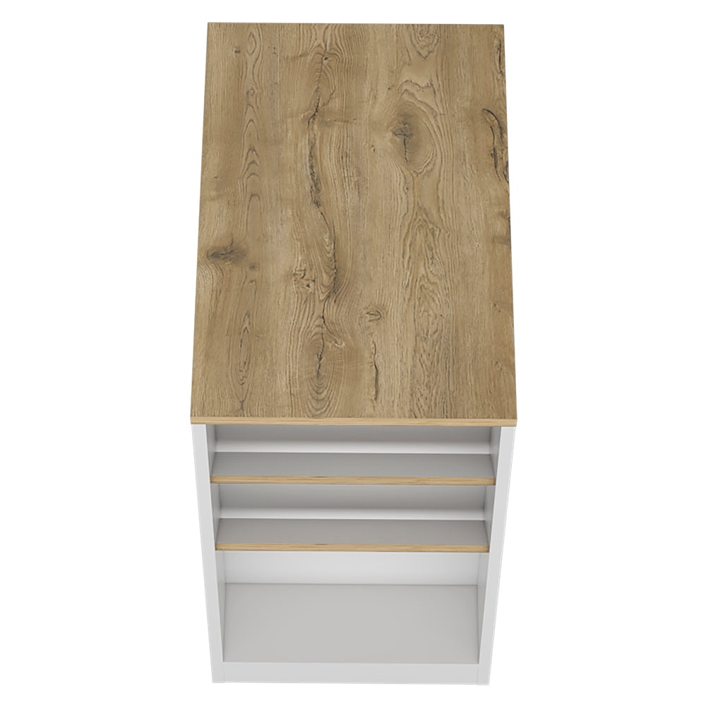 Kitchen Island Gunees featuring a modern design with white and pine finish, showcasing three open shelves for storage.