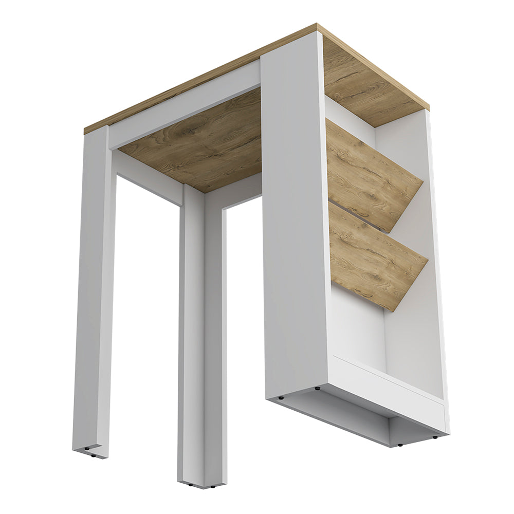 Kitchen Island Gunees featuring a modern design with white and pine finish, showcasing three open shelves for storage.