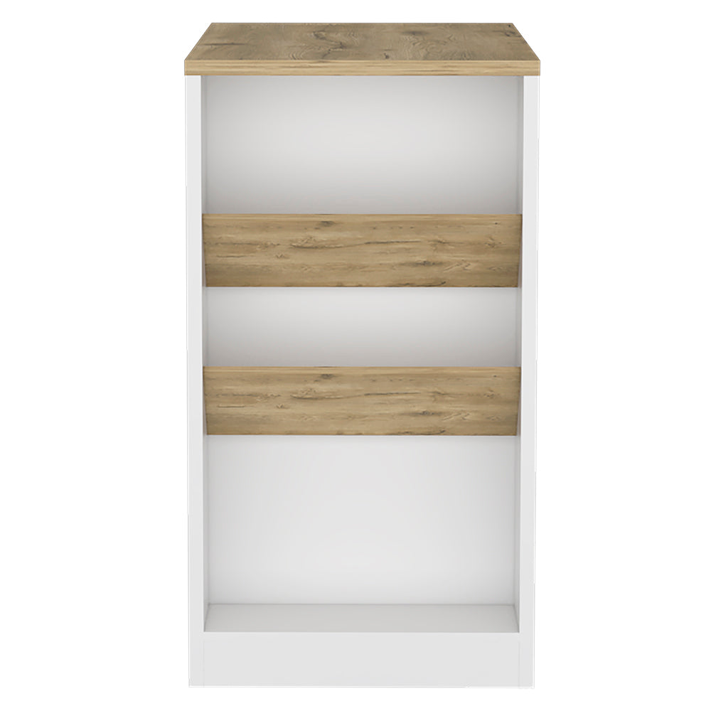 Kitchen Island Gunees featuring a modern design with white and pine finish, showcasing three open shelves for storage.