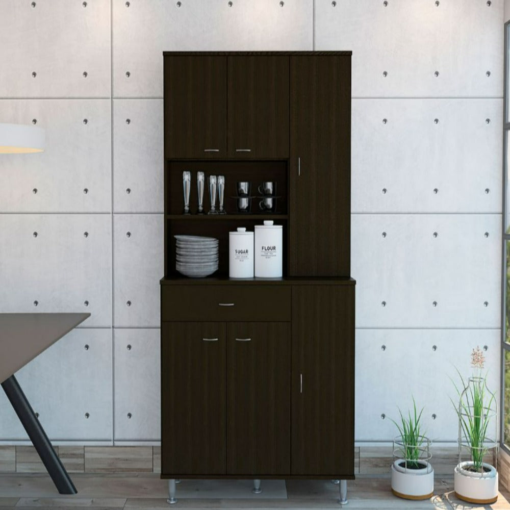 Piacenza Kitchen Pantry with double doors and black wengue finish, featuring multiple shelves and a large drawer for storage.