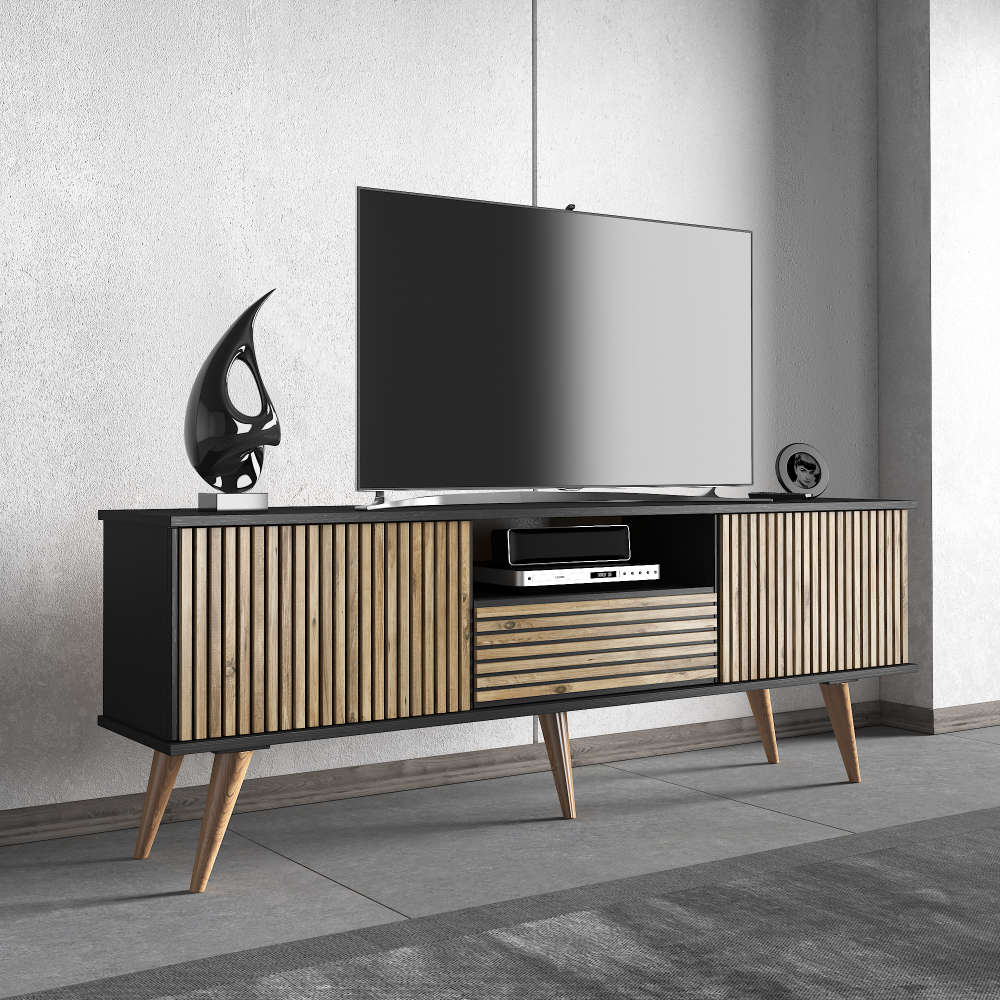 Latte TV Stand & Media Console in black and wood finish, designed for TVs up to 80 inches, featuring multiple shelves and a modern aesthetic.