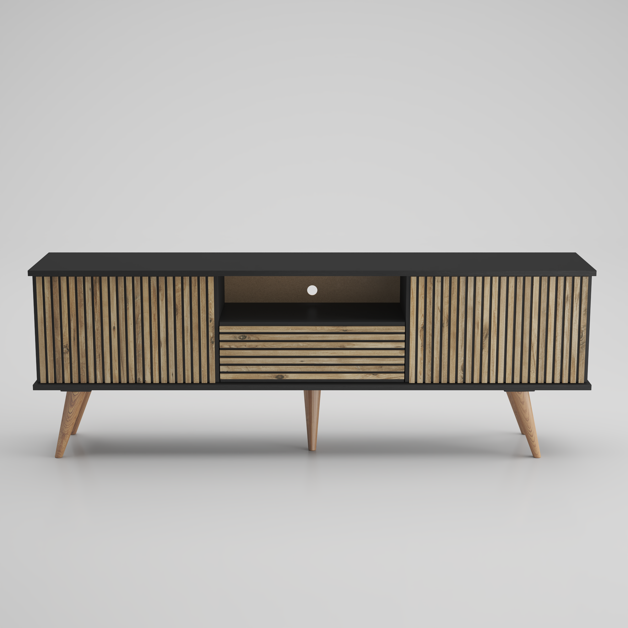 Latte TV Stand & Media Console in black and wood finish, designed for TVs up to 80 inches, featuring multiple shelves and a modern aesthetic.