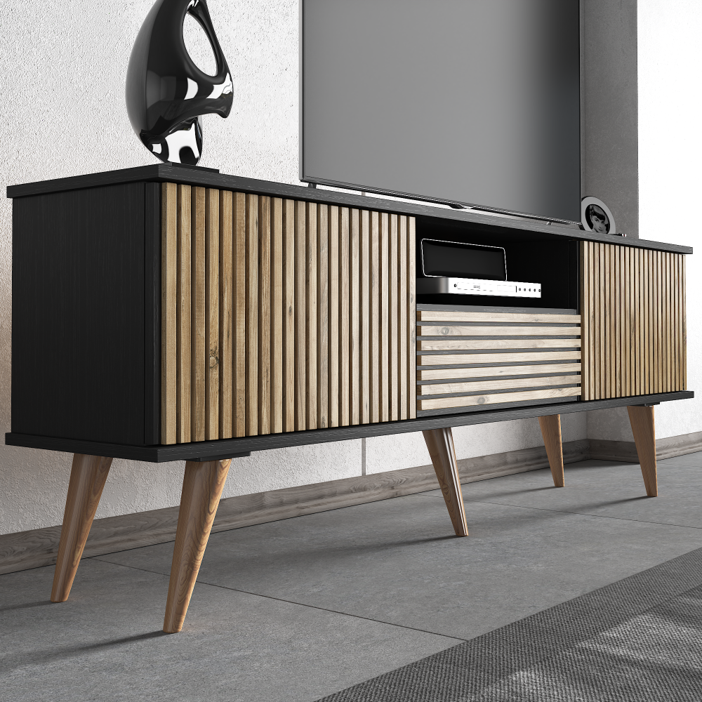 Latte TV Stand & Media Console in black and wood finish, designed for TVs up to 80 inches, featuring multiple shelves and a modern aesthetic.