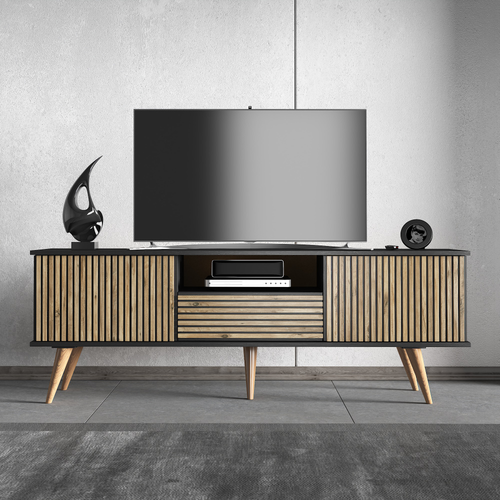 Latte TV Stand & Media Console in black and wood finish, designed for TVs up to 80 inches, featuring multiple shelves and a modern aesthetic.