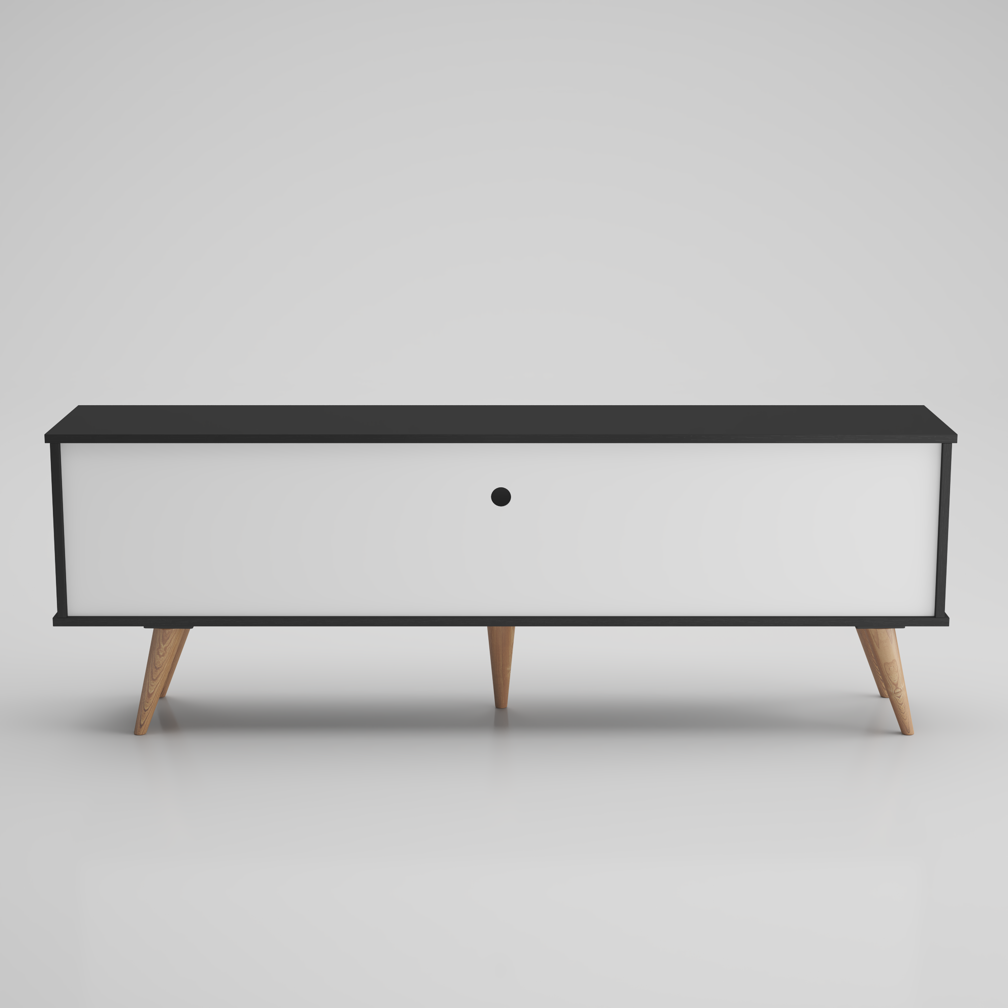 Latte TV Stand & Media Console in black and wood finish, designed for TVs up to 80 inches, featuring multiple shelves and a modern aesthetic.