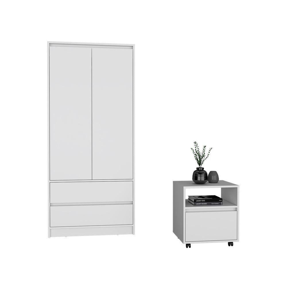 Laurel 2 Piece Bedroom Set featuring a white nightstand with casters and a tall armoire with double drawers and a hanging rod.