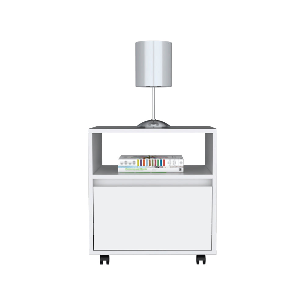 Laurel 2 Piece Bedroom Set featuring a white nightstand with casters and a tall armoire with double drawers and a hanging rod.