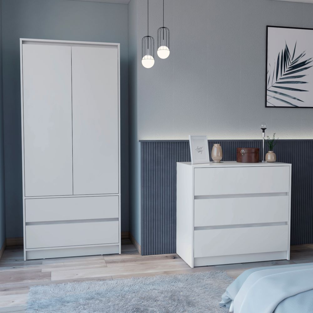 Lewes 2 Piece Bedroom Set featuring a white dresser and armoire, showcasing modern minimalist design and ample storage.