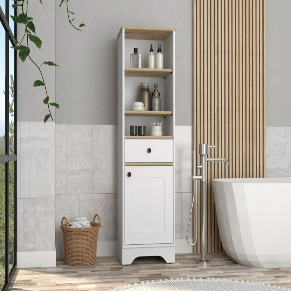 Burnedt Linen Cabinet in light oak and white finish with multiple shelves and a drawer, designed for stylish bathroom storage.