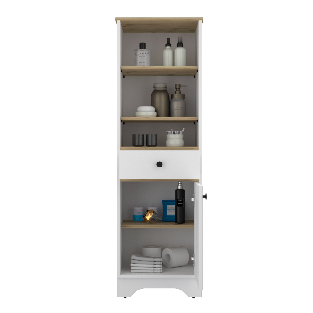 Burnedt Linen Cabinet in light oak and white finish with multiple shelves and a drawer, designed for stylish bathroom storage.