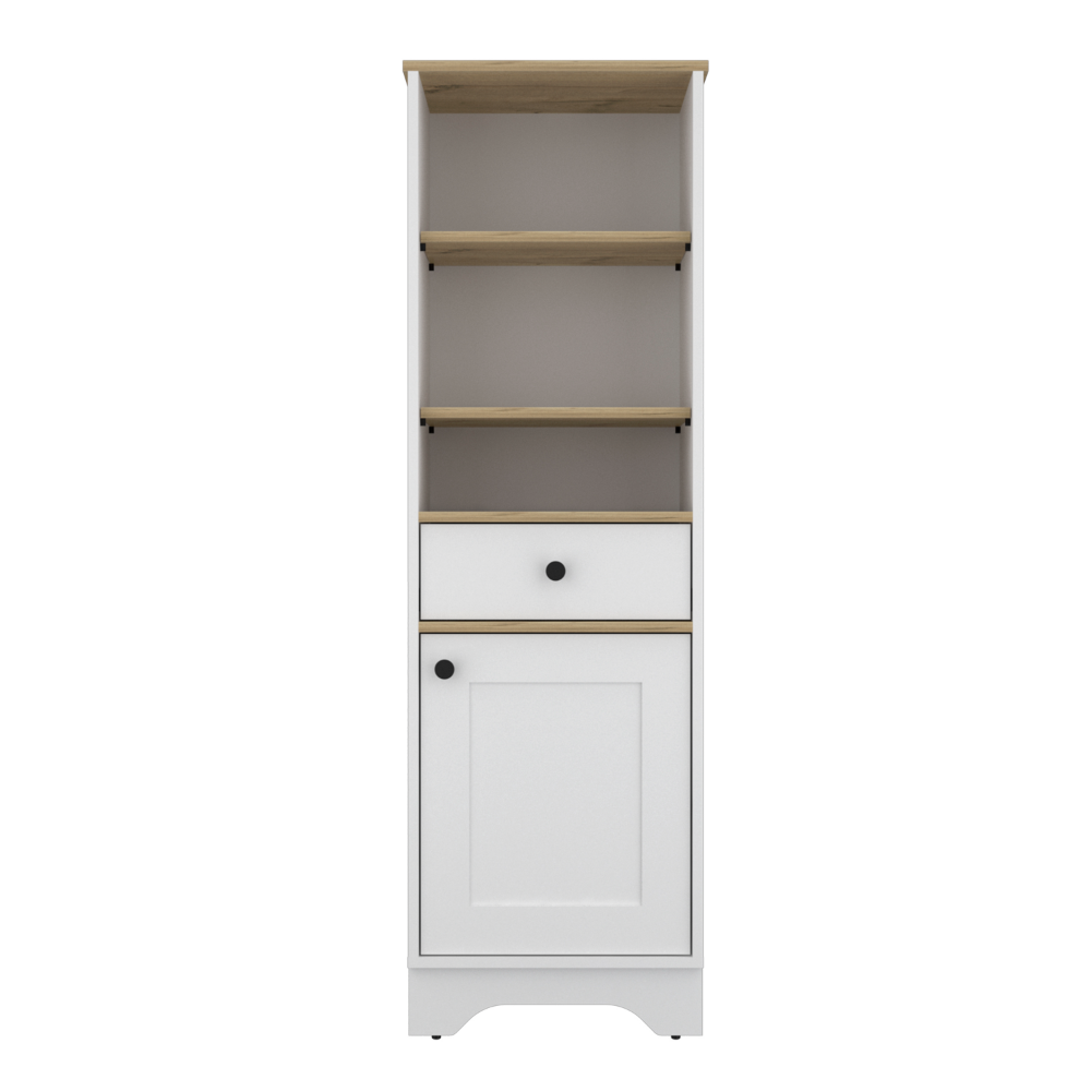 Burnedt Linen Cabinet in light oak and white finish with multiple shelves and a drawer, designed for stylish bathroom storage.