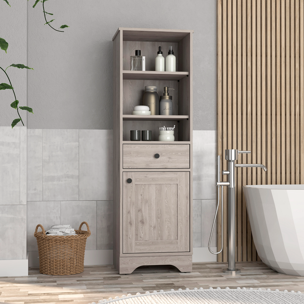 Burnedt Linen Cabinet featuring one drawer, one cabinet, and multiple shelves in light grey finish, perfect for bathroom storage.