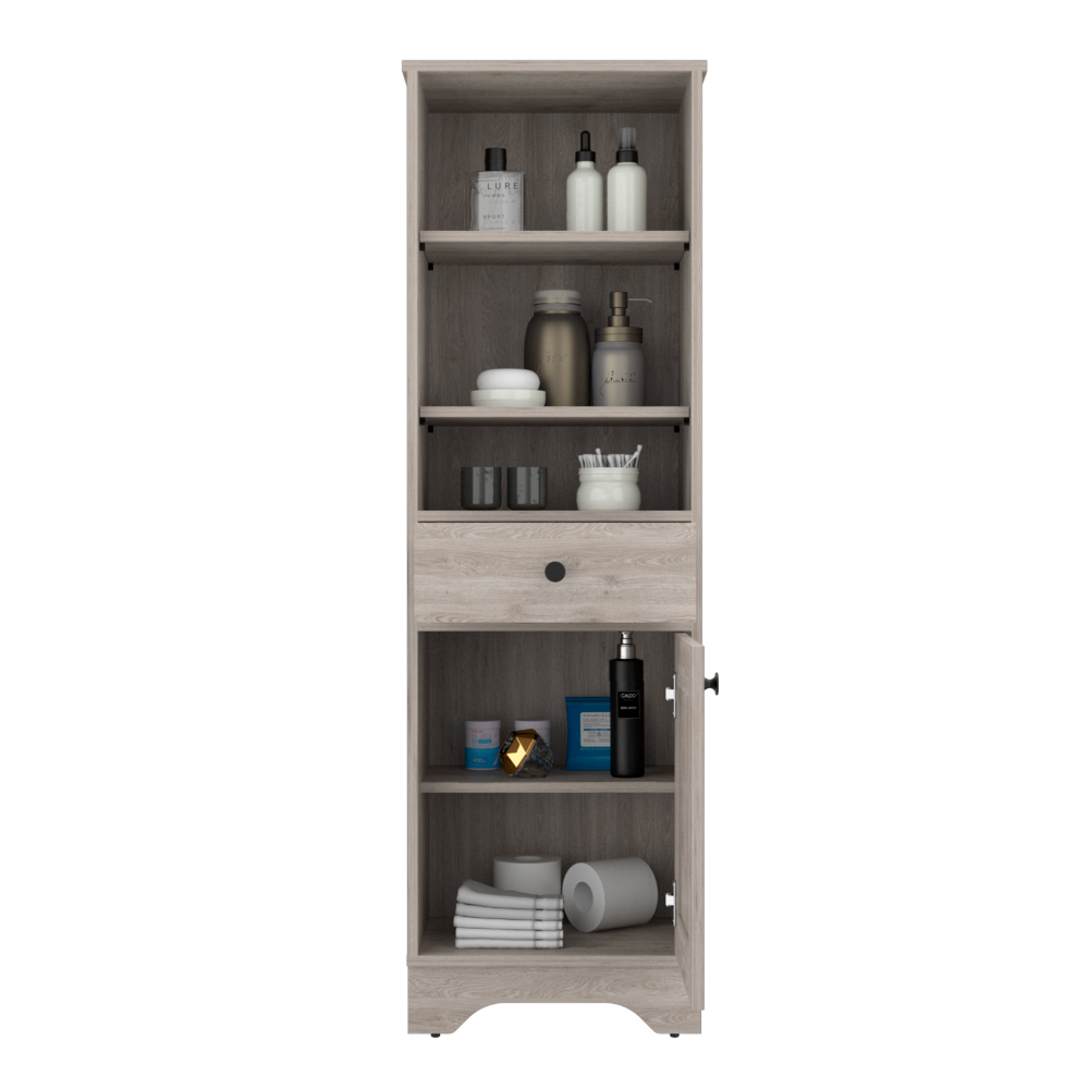 Burnedt Linen Cabinet featuring one drawer, one cabinet, and multiple shelves in light grey finish, perfect for bathroom storage.