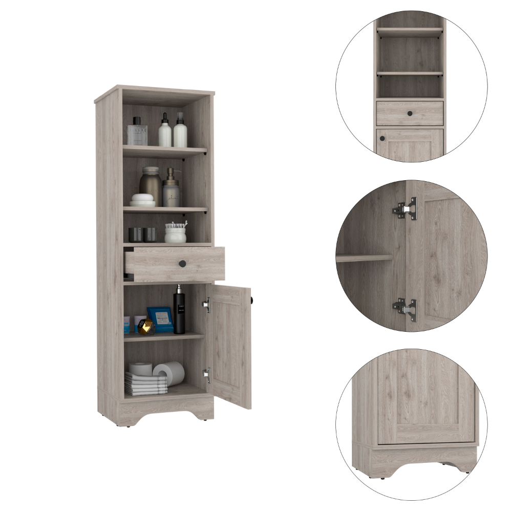 Burnedt Linen Cabinet featuring one drawer, one cabinet, and multiple shelves in light grey finish, perfect for bathroom storage.