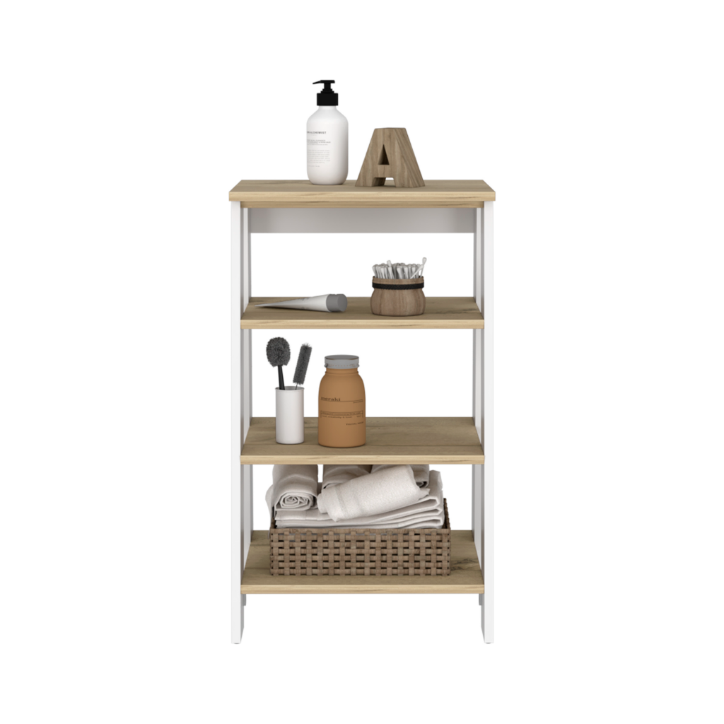 Jenne Linen Cabinet featuring four open shelves in light oak and white finish, perfect for bathroom storage.