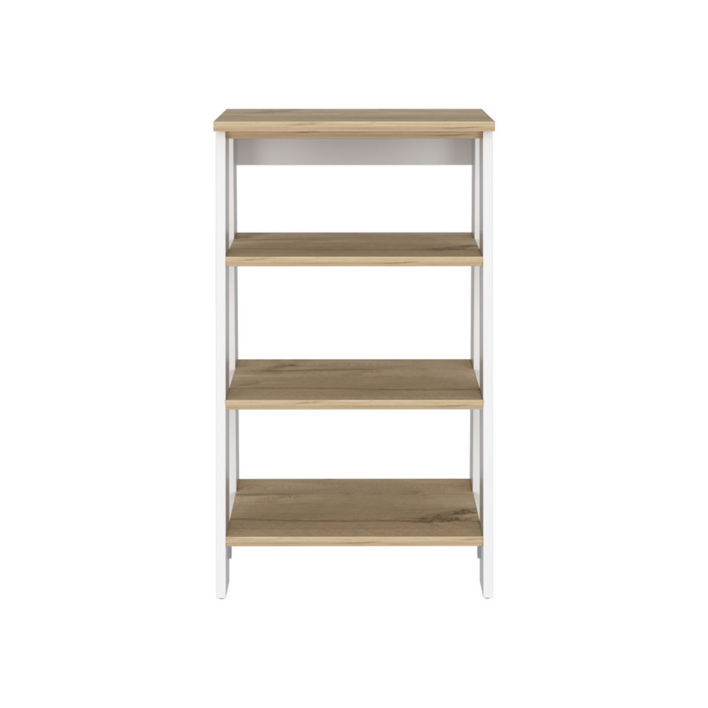 Jenne Linen Cabinet featuring four open shelves in light oak and white finish, perfect for bathroom storage.