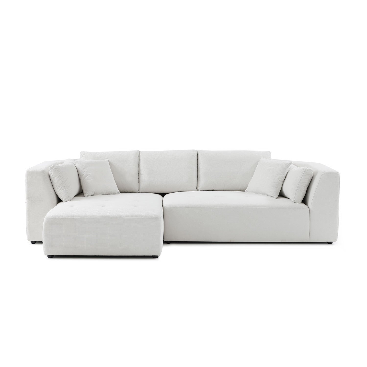 Beige L-shape sectional sofa with left-facing chaise, featuring thick cushions and a modern design, perfect for stylish living rooms.