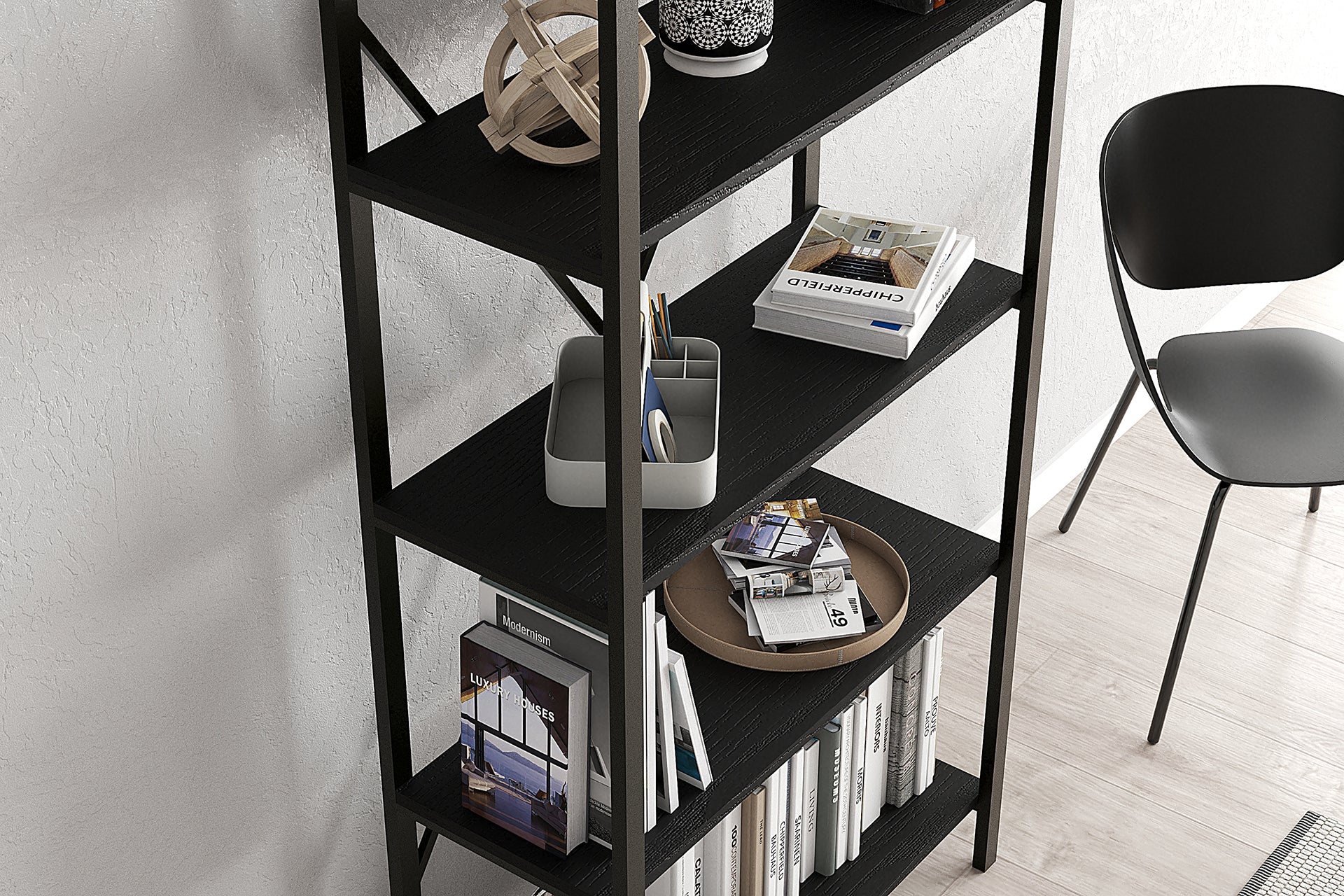 Lugo Black 5 Shelf Bookcase featuring a sleek black metal frame and wooden shelves, perfect for modern interiors.