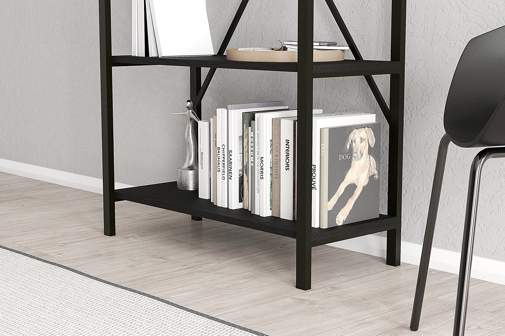 Lugo Black 5 Shelf Bookcase featuring a sleek black metal frame and wooden shelves, perfect for modern interiors.