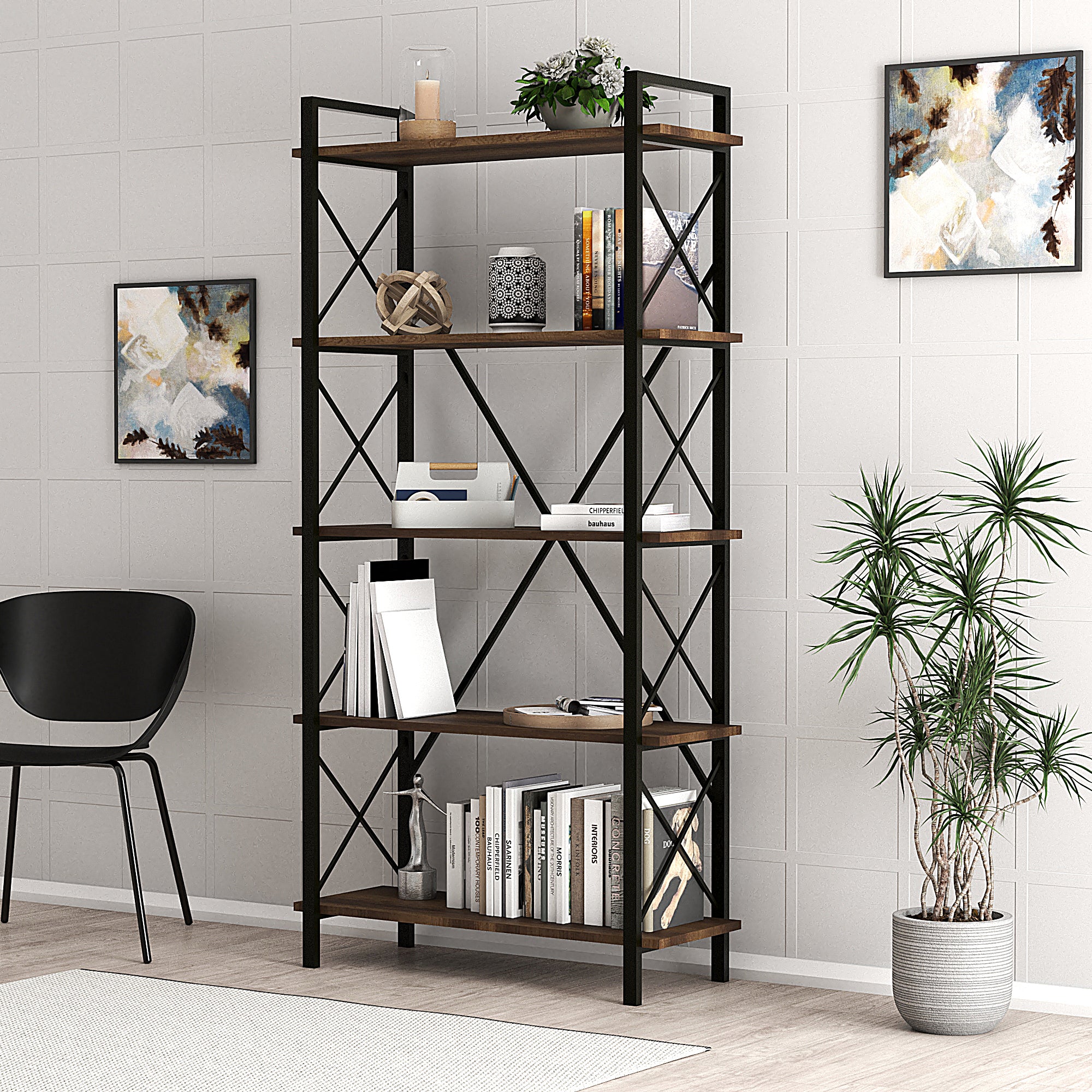 Lugo Walnut 5 Shelf Bookcase featuring a modern design with black metal frame and walnut shelves, ideal for stylish storage.